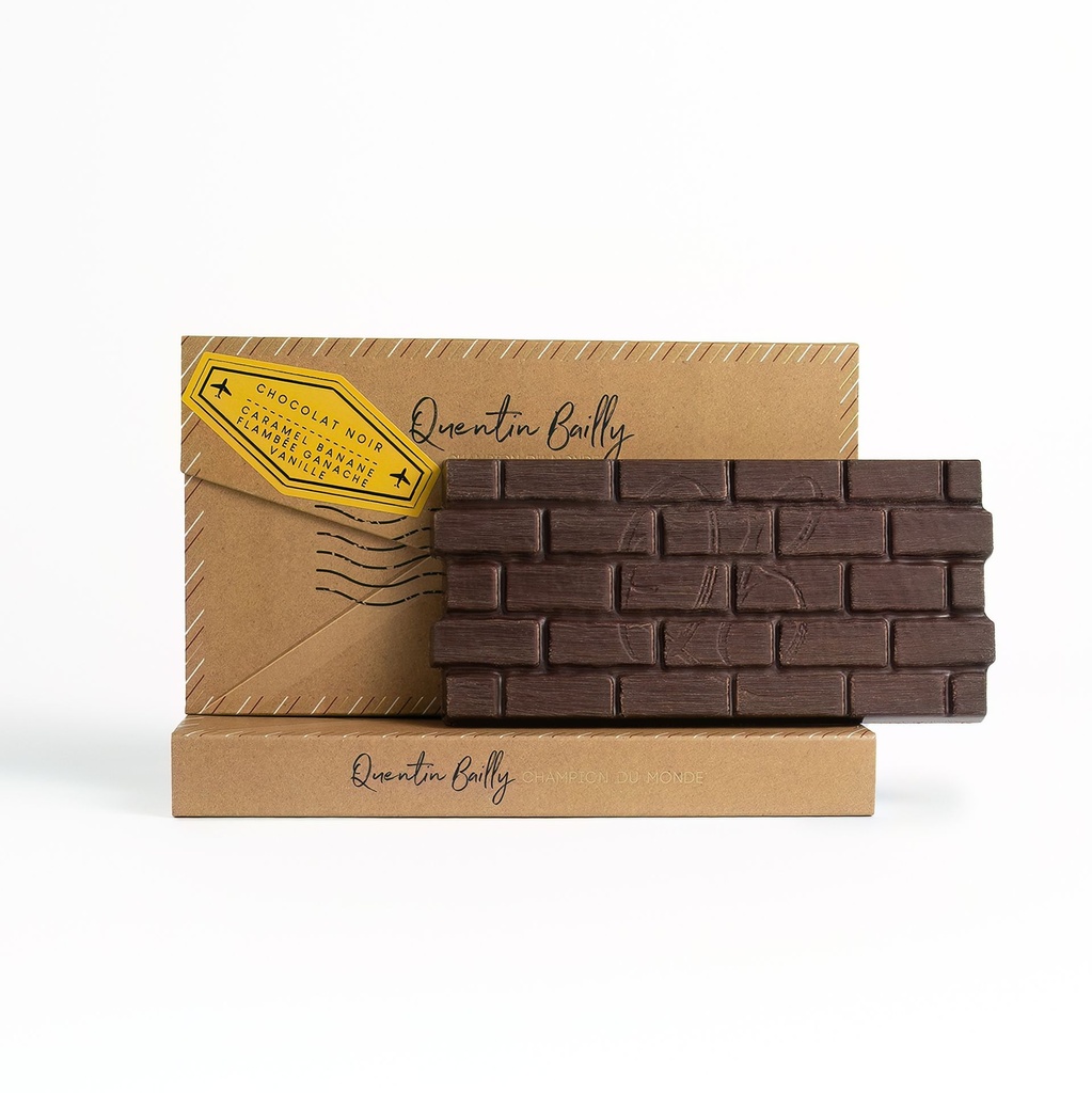 Tablette noir 66% de cacao minimum, fourrée caramel banane QB