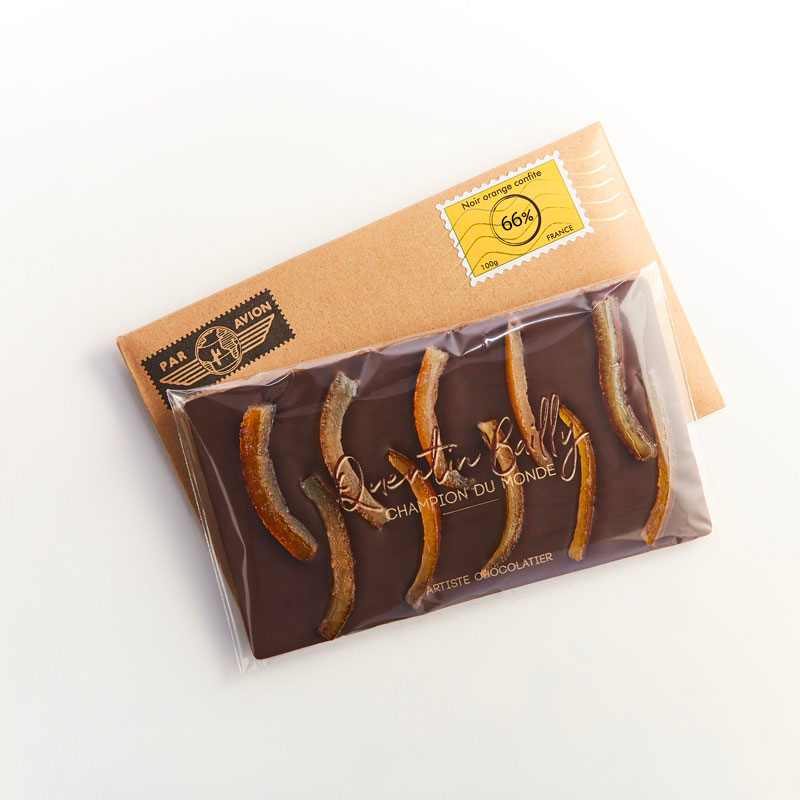 Tablette noir 66% de cacao minimum et oranges confites QB