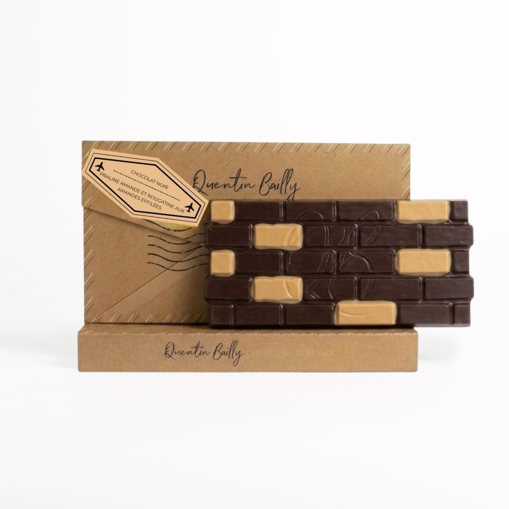 Tablette fourrée chocolat noir 66% de cacao minimum, praliné amande et nougatine aux amandes QB