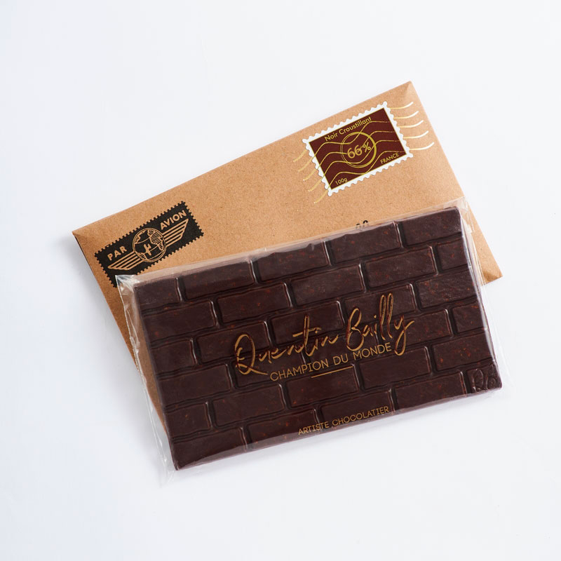 Tablette noir 66% de cacao minimum, crêpes dentelles et riz soufflé Japonais QB