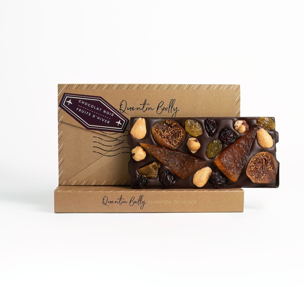 Tablette chocolat noir 66% de cacao minimum aux fruits d'hiver QB