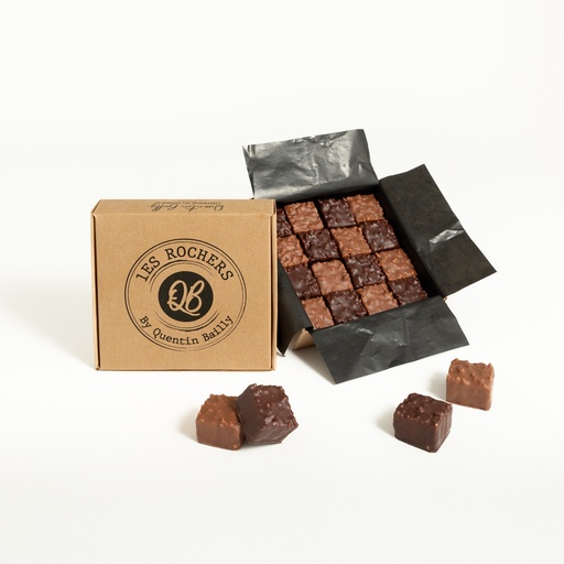 Boite de 16 rochers lait 40% de cacao minimum et noir 66% de cacao minimum QB